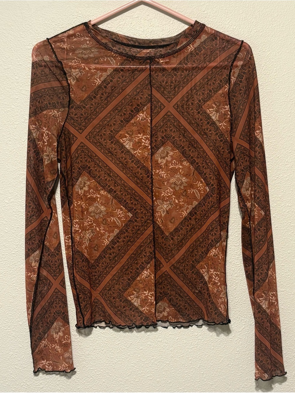 Willow Rust-Brown Printed Long Sleeve Sheer Top - Picture 2 of 7